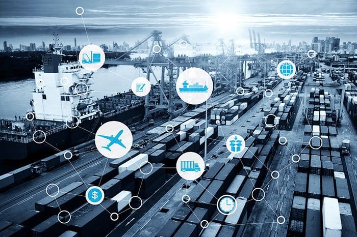 Cargo port background with data nodes in the foreground